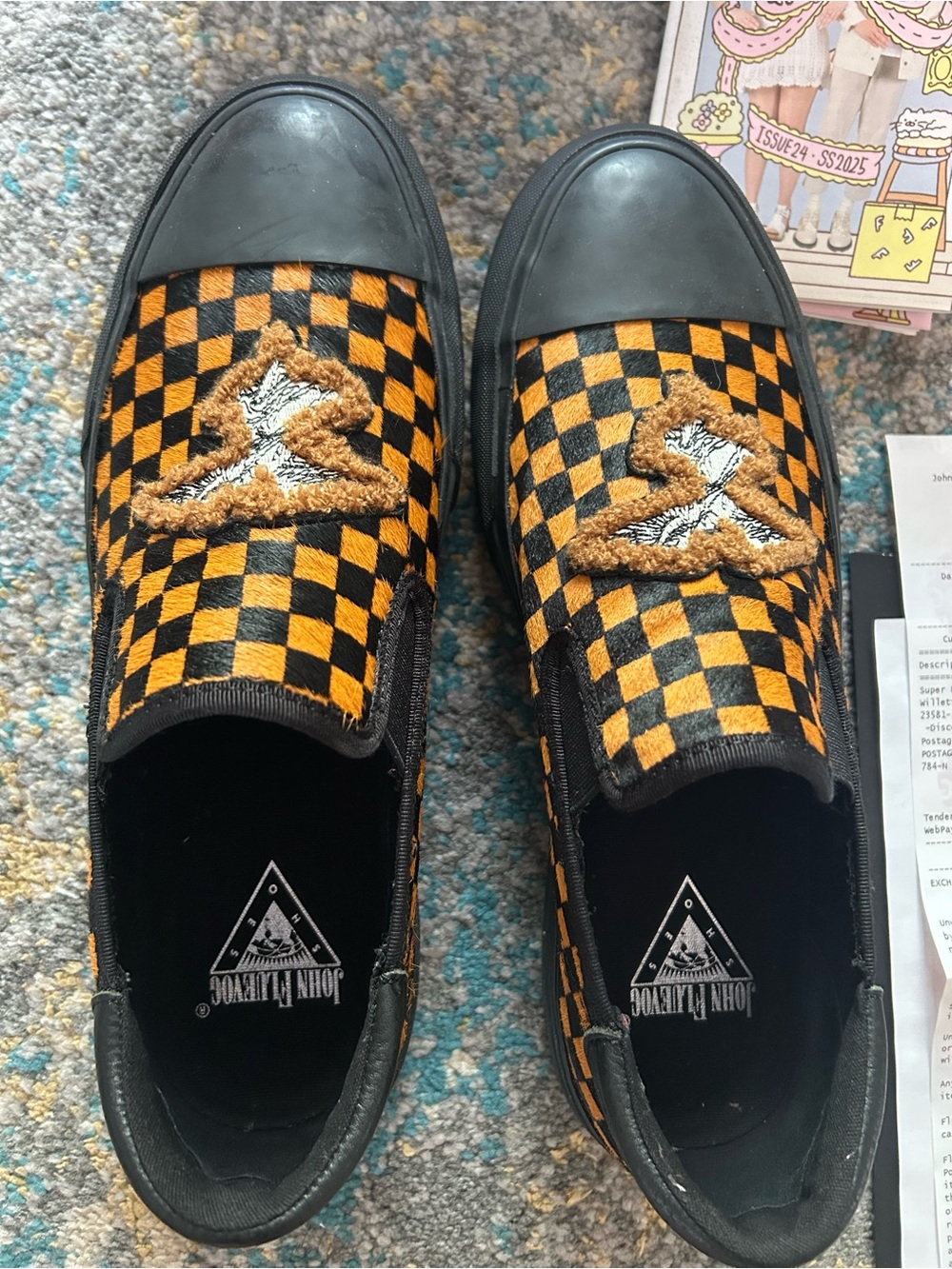 John Fluevog Black & Orange Checkerboard Slip-On Shoes Leather